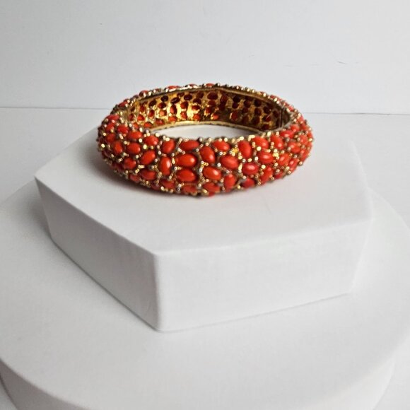 Kenneth Jay Lane Style Coral Red Orange Cabochon Hinged Heavy Bangle Bracelet - Picture 2 of 16
